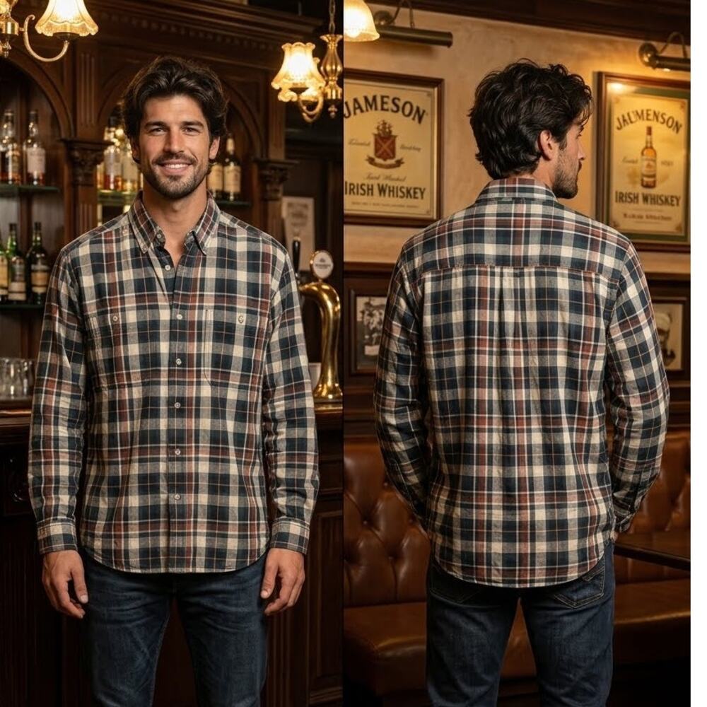 Wrangler Green Tan Plaid Long Sleeve Button Down Shirt Men's Large 42-44